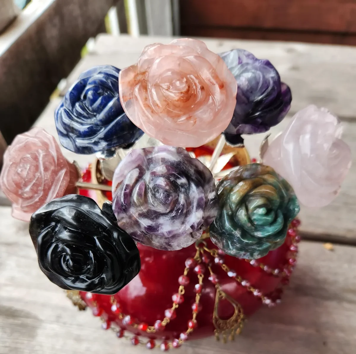 Gemstone Carved Roses with Gold Stem - Mother's Day Gifts